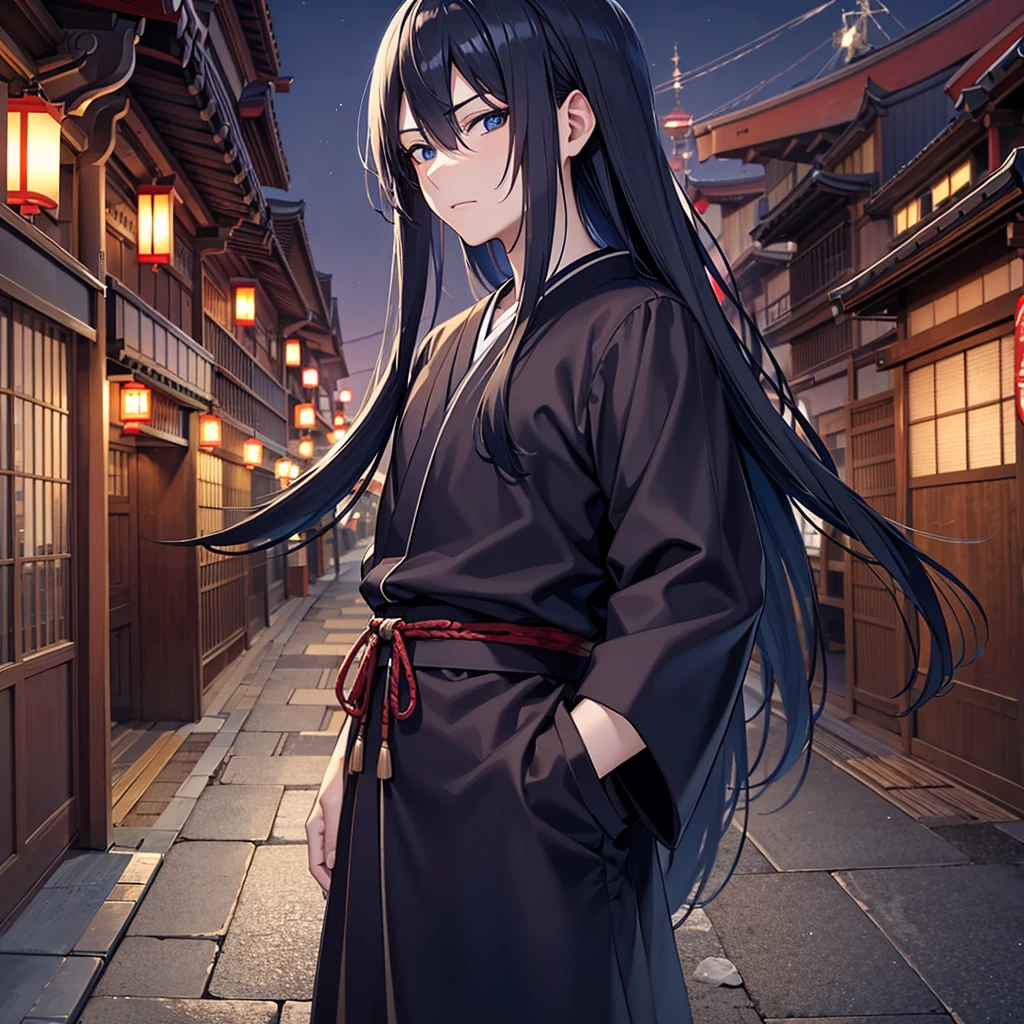 japanese male, Indigo hair, blue eyes, wearing black clothes, asakusa background, high res, ultrasharp