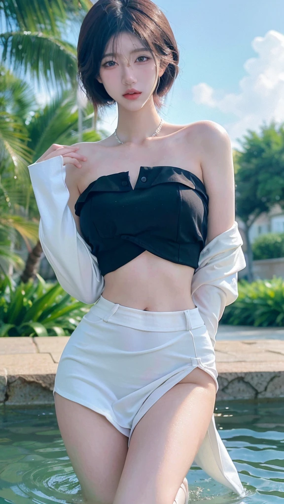 Beautiful woman with perfect figure:1.4，Swimming background，Desert Background，Ultra-high resolution，Seductive laughter，wear glasses，White legs，（lifelike：1.4），Layered Hairstyle，White skin，Black mini pleated skirt，whole body，Very delicate face and skin texture，Double eyelids，Skin Whitening，Long hair，White hair，White，