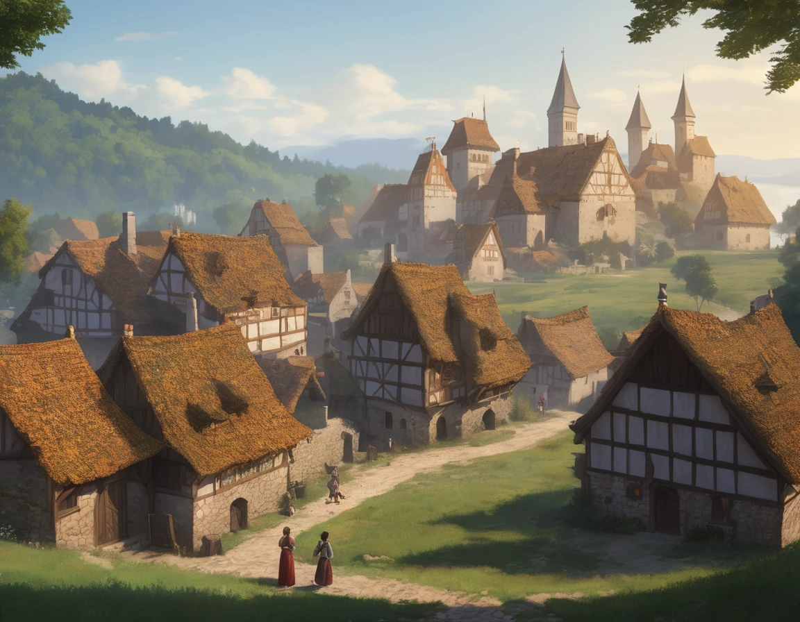 Medieval village, village houses in foreground, manor in background, villager in foreground, young woman, huge breasts, simple clothes