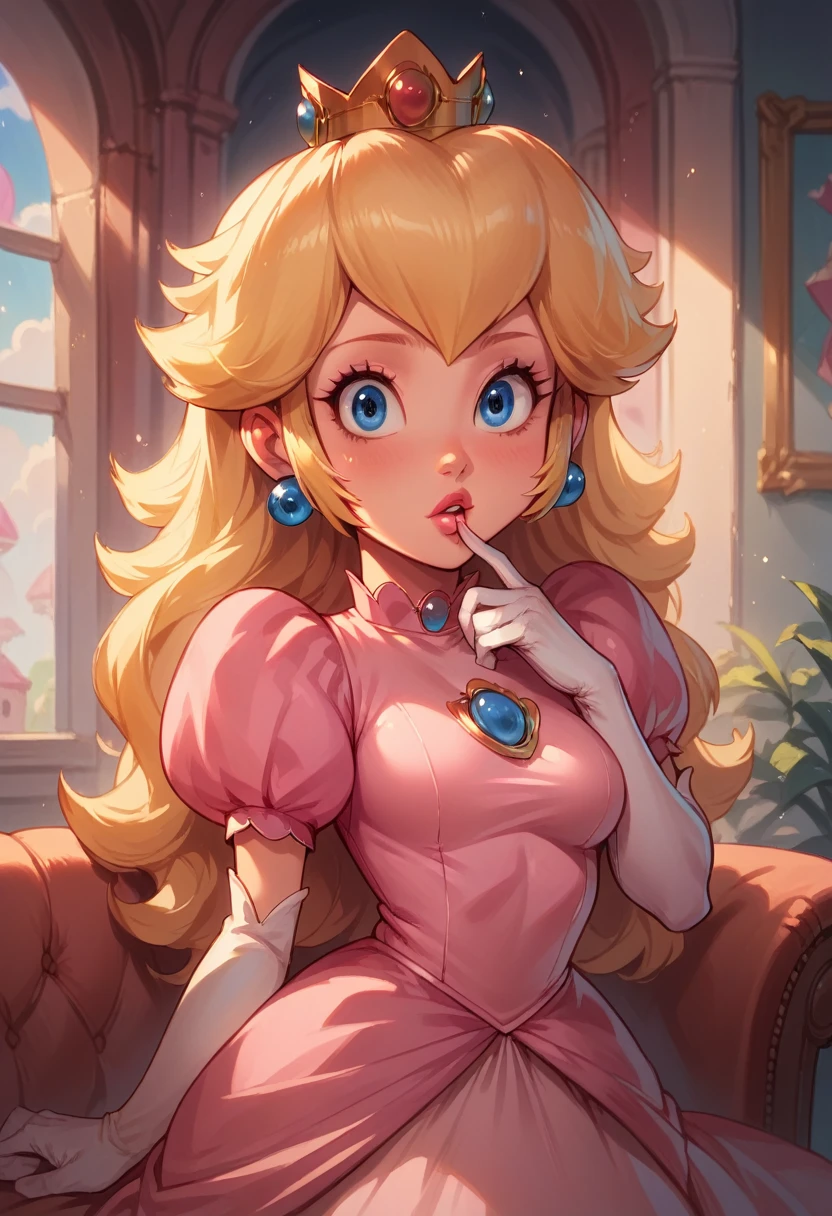 Score_9, Score_8_up, Score_7_up, Score_6_up, (best quality), realistic skin texture, black sofa, 1 girl, Princess Peach, pink dress, (lipstick: 0.5), blonde hair, wavy hair, straight hair, long hair , hair in the wind, lips parted, blue eyes, visor, interior, room, sofa, rich, crown, golden crown, facing viewer, medium breasts, looking at viewer, seductive, alone, (bra peek:0.8), (bra :0.1)n porb interview, hand before mouth, surprised