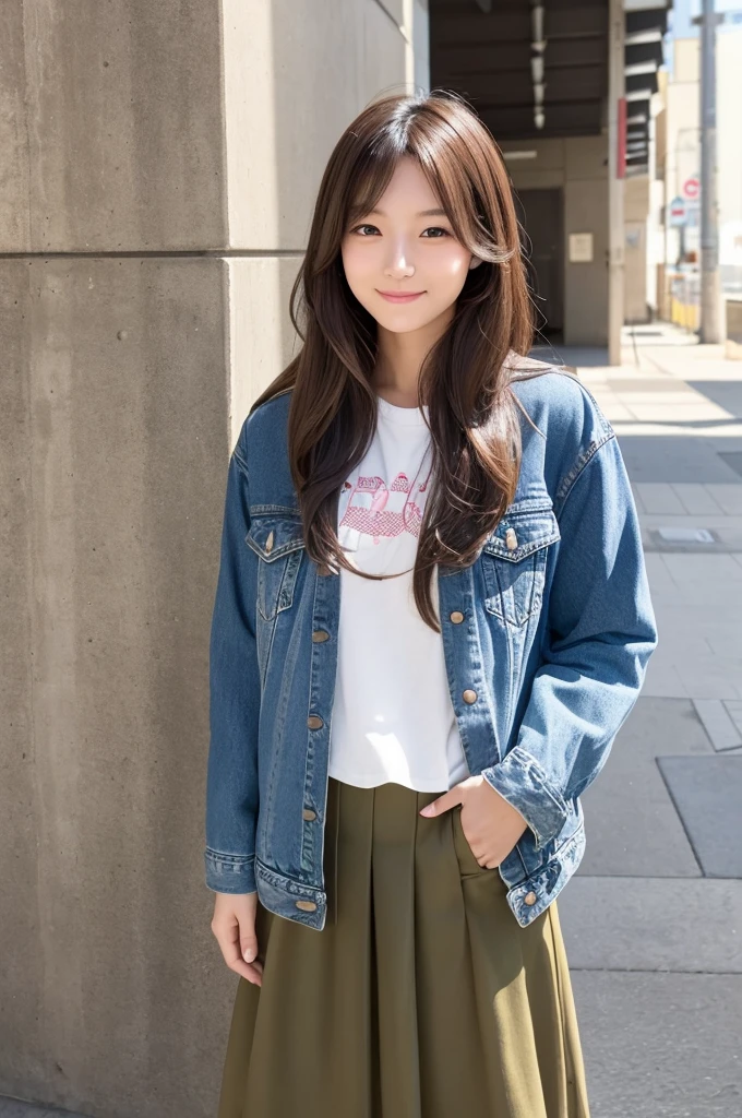 Create an original AI woman named Misaki, 23 years old, standing at 165cm with a slender and healthy physique. She has long, wavy brown hair and large almond-shaped blue eyes. Her skin is a bright olive tone. She is wearing casual yet stylish clothing, such as a denim jacket and a skirt. She has a gentle smile with a slightly shy expression, and her hands are lightly crossed in front of her face. The background is an urban setting with warm, natural lighting. Misaki enjoys drawing and listening to music, and she is bright, sociable, and curious.
