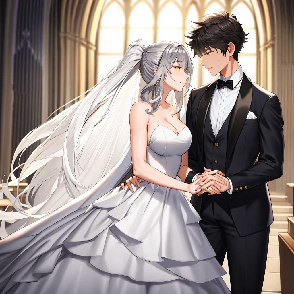 masterpiece, Best quality, masterpiece, Best quality, masterpiece, Best quality, masterpiece, Best quality, high quality, High detail, Ultra detail, HD, 4k, 4280x2240, depth field, (HDR:1.9), Correct anatomy, a masculine boy with short hair black hair abundant brown eyes with full wedding suit from groom to gentleman's suit and Palto flu pants and a girl with very long hair messy hair curly hair wavy hair (((silver hair))) high ponytail with yellow eyes in wedding dress, Dream wedding dress. love. Hand in hand looking at the New Year's sunset sunrise while kissing at church wedding with wedding rings on boy finger and wedding rings on girl finger and smiles, detail, ultra-detail, correct_position, correct_texture, correct_colors, correct_shading, correct_cgi, correct_body, correct_anatomy, correct_proportion, (correct_complete_body)