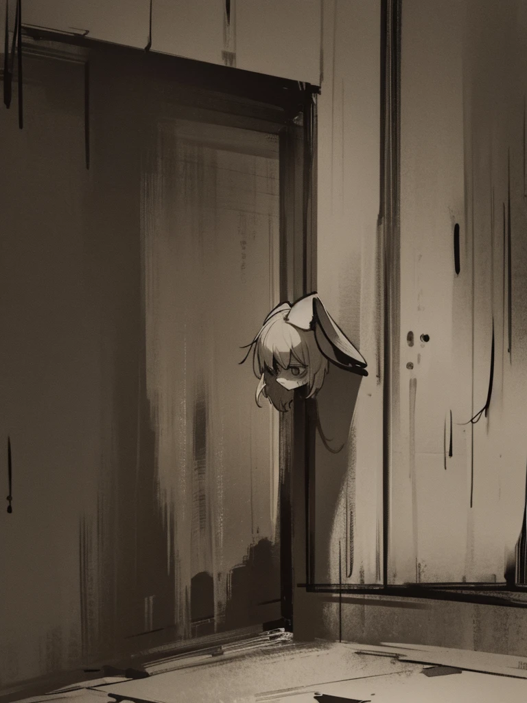 In a dark haunted house, horror, fear, goasts shadows , It's muggy , steamy , rabbit ear girl , holding back pee