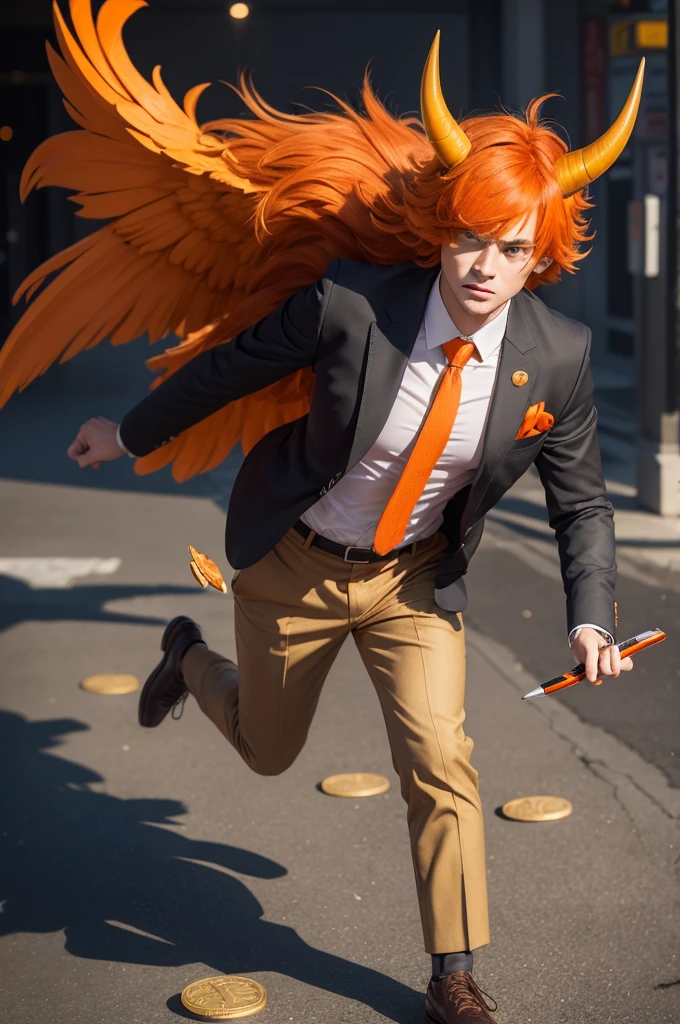 create a fierce griffin in a tie that is holding a calculator and pen with half orange hair and brown and light orange full body horns stepping on coins and dollar signs