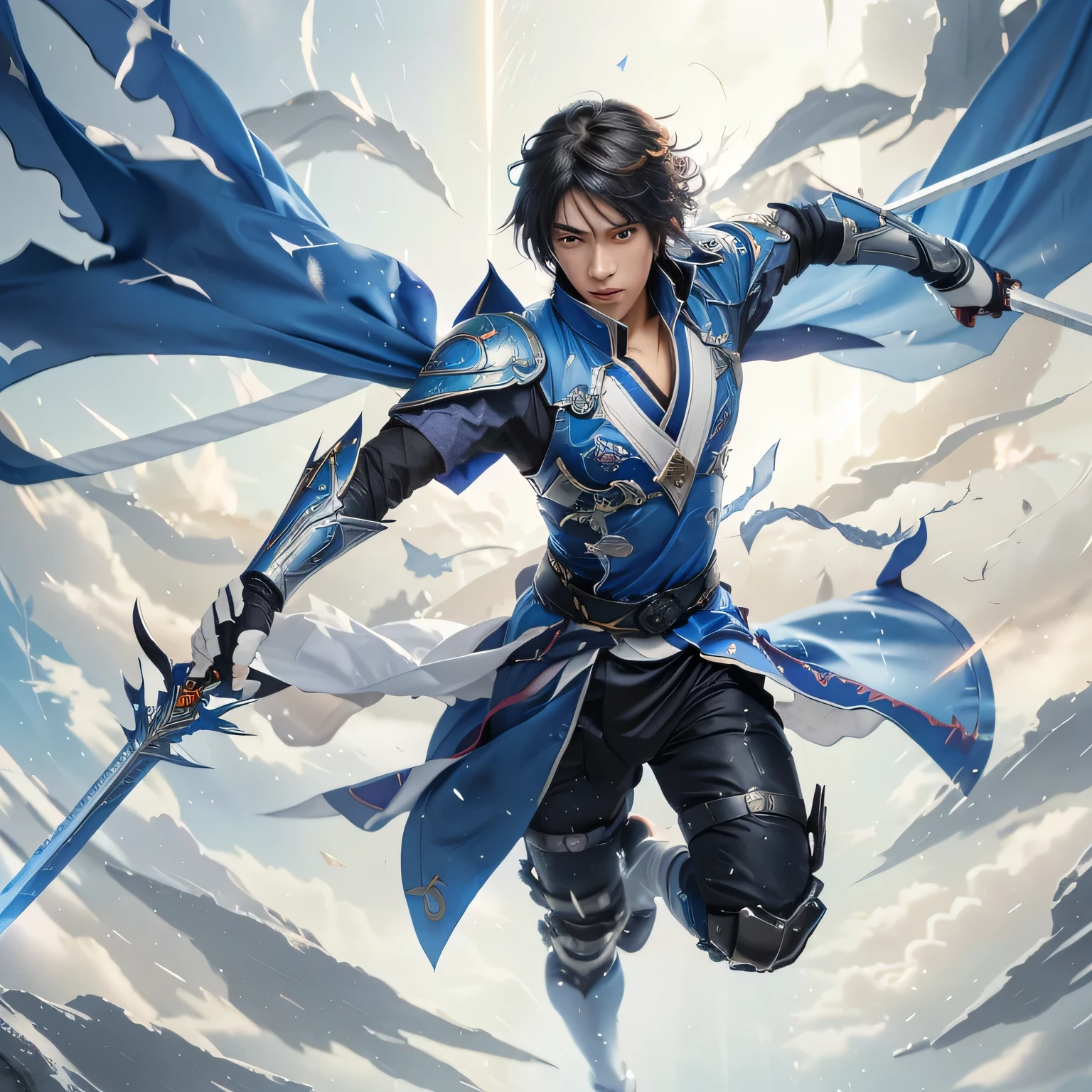 anime character with sword and blue cape flying through the air, keqing from genshin impact, genshin impact character, kaladin stormblessed, by Yang J, zhongli from genshin impact, badass anime 8 k, genshin, detailed key anime art, anime art wallpaper 4k, anime art wallpaper 4 k, anime art wallpaper 8 k