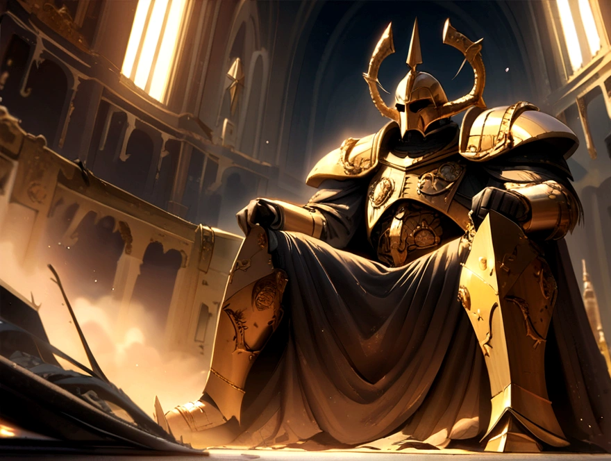 Warhammer 40K Emperor，Sit on the golden throne，Surreal art