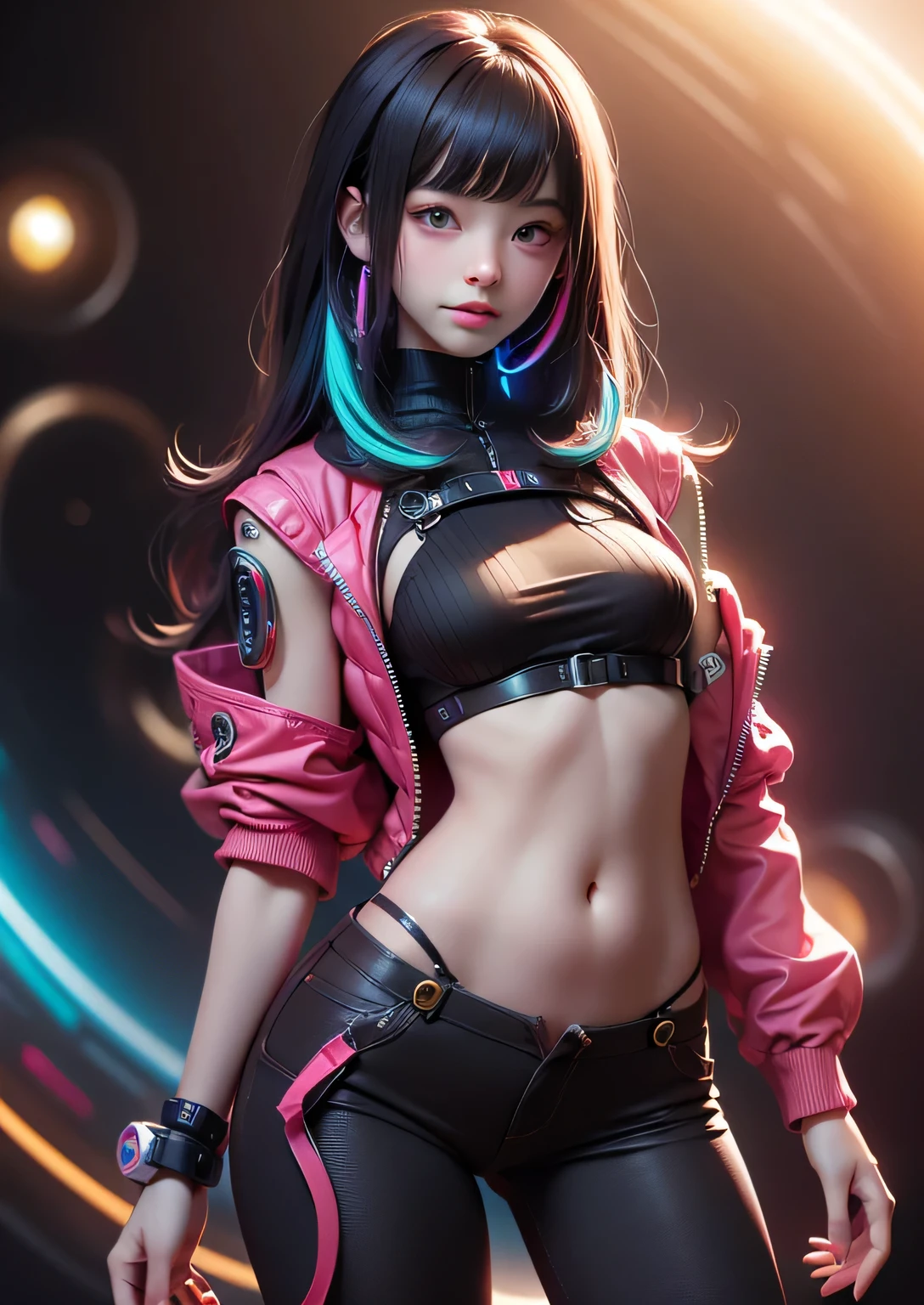 (masterpiece, highest quality, highest quality, Official Art, beautifully、aesthetic:1.2)、West Shot Photo、 (Cyberpunk fashion beautiful girl 1 person)、Big iridescent eyes、Beautiful skin、Beautiful belly、Expressionlesoderate breast size、（Pink and blue long hair with bangs）、Very detailed,(Neon colored space background:1.3)、Perfect lighting、Sharp focus、High resolution、High resolution、High color rendering、High resolution、Super realistic、