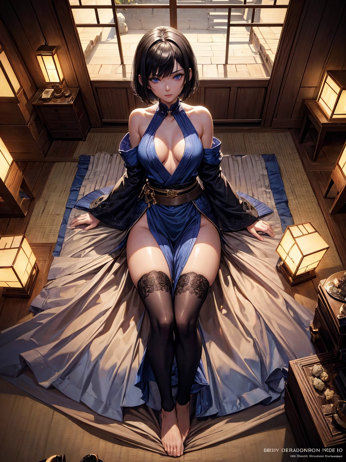 1girl, short bob hair, black hair, very small breasts, blue eyes, fair skin, she nude, lot of cum in sex, full body, full body, lying, medieval japanese house, very sexy body, detailed face, highly detailed, 8k, best quality, masterpiece, cinematic lighting, dramatic lighting, vibrant colors, digital art, concept art