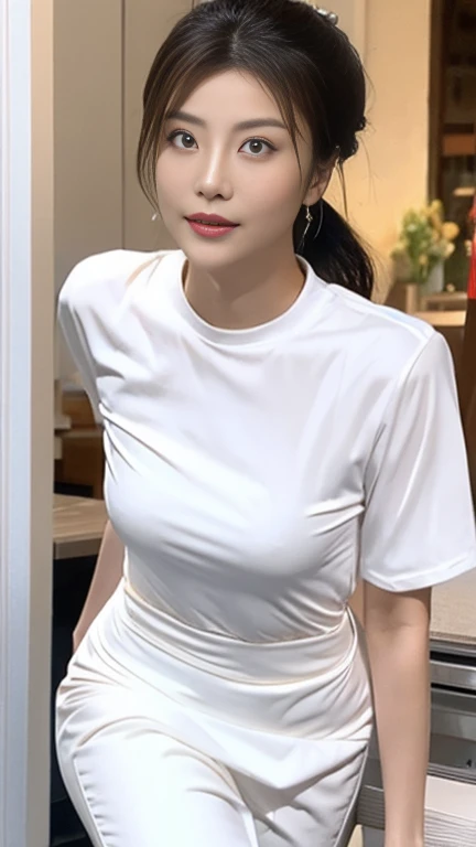 (Photo-realistic style, 超High resolution, 16K, High resolution, masterpiece), Very detailed, Perfect Anatomy, Beautiful eyes、Anatomically correct eyes、Correct eye position、Detailed face, Detailed eyes, Solo Japanese Mature, Neighbor's wife、ponytail、White T-shirt、BREAK Skinny Jeans、High heels、kitchen