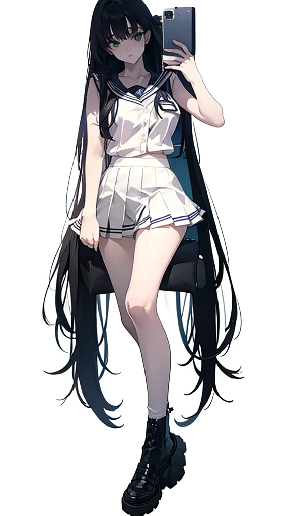 1girl,green eyes,purple semi-long hair,gigantic breast,seifuku,extremely detailed eyes and face,longeyelashes,beautiful detailed lips,masterpiece,ultra-detailed,realistic,HDR,UHD,studio lighting,vivid colors,high quality,best quality,4k,8k,highres,masterpiece:1.2,professional,concept art,blue background
