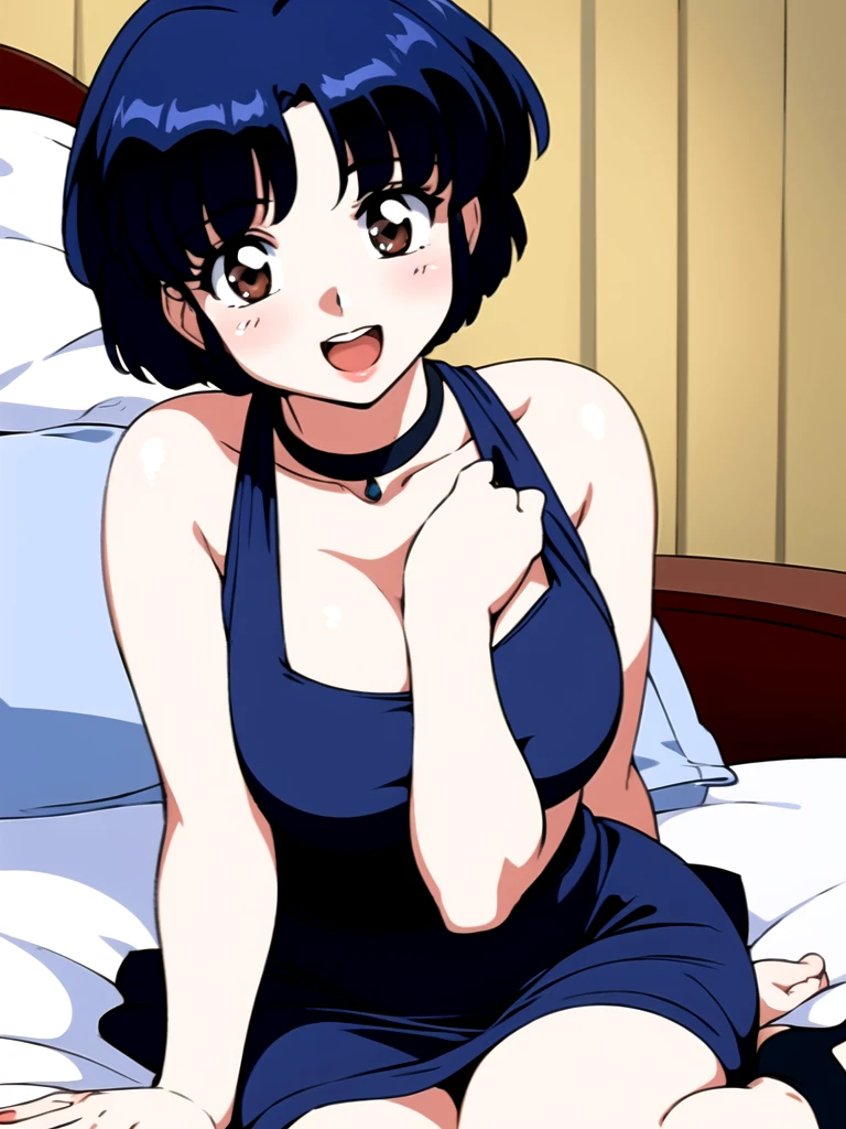 HDR, CG, sharp focus, (8k), (4k), masterpiece, best quality, detailed skin, extremely detailed, hiper detailed, sharp focus, looking at viewer, high quality, AKANE, Akane tendou, short hair, blue hair, brown eyes ,curtain pelvic DRESS, tetas grandes, bLush, solo, 1girl, lying on bed, hotel background, hands on chest, heels, black dress, smile, open mouth,