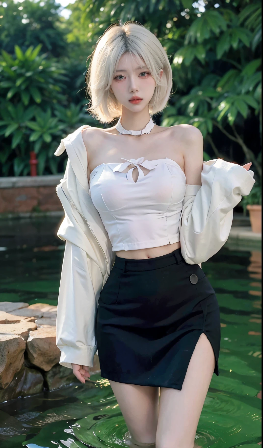 Beautiful woman with perfect figure:1.4,Ultra-high resolution,White legs,Put your hands behind your back,Swimming background,Big breasts:1.6,(Realism:1.4),perspective,Layered hairstyle,Snow white skin,JK:1.5,Super short pleated skirt,whole body:1.4,Very delicate and skin texture,Double eyelids,Skin Whitening,Long hair,White hair
