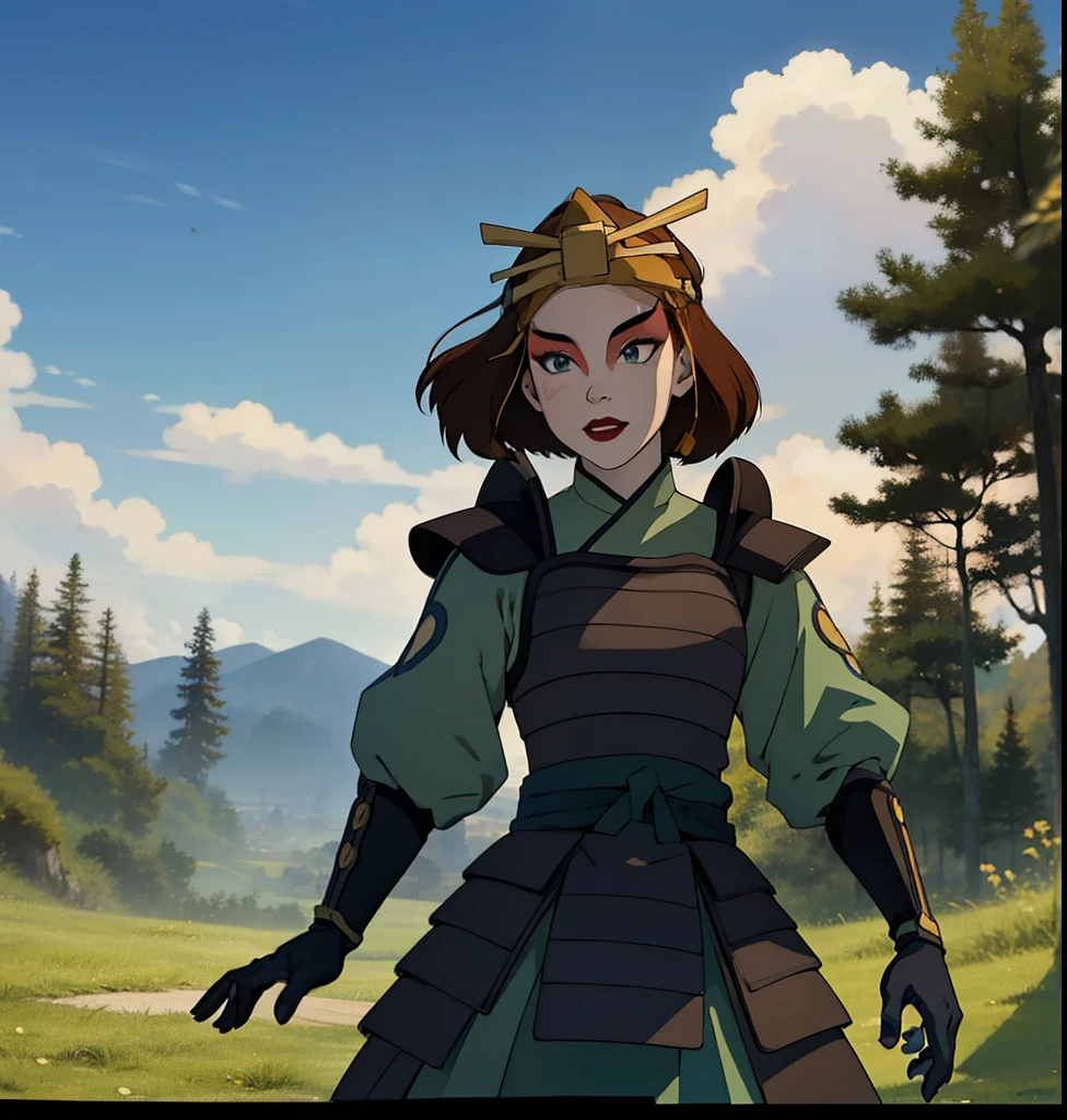 suki, 1 woman only, (Masterpiece), (The best quality), (ultrahigh resolution), Cartoon character, anime version, Amazing painting, beautiful sky, colors, nature, beautiful , Highly detailed image, brown hair, blue eyes, Kyoshi Guerrero, make-up, lipstick, armor, long sleeves, They are smiling, black gloves