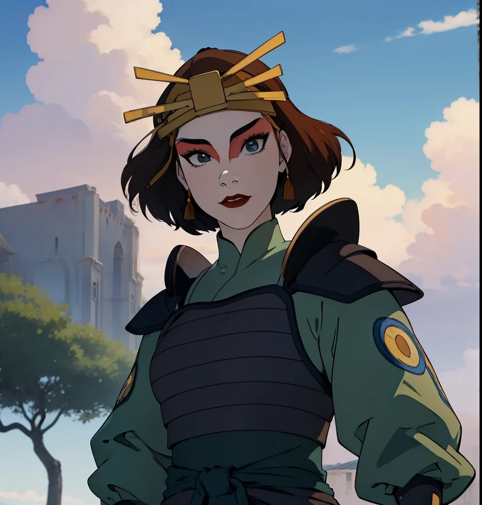 suki, 1 woman only, (Masterpiece), (The best quality), (ultrahigh resolution), Cartoon character, anime version, Amazing painting, beautiful sky, colors, nature, beautiful , Highly detailed image, brown hair, blue eyes, Kyoshi Guerrero, make-up, lipstick, armor, long sleeves, They are smiling, black gloves