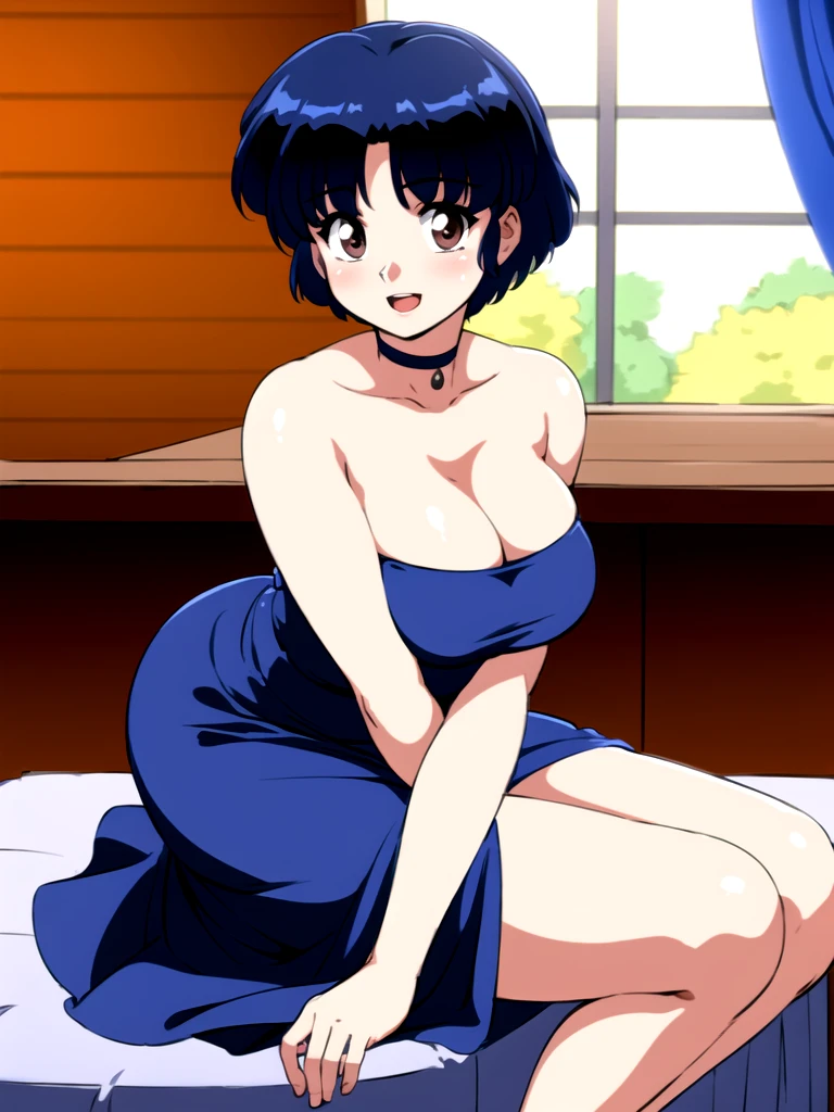 HDR, CG, sharp focus, (8k), (4k), masterpiece, best quality, detailed skin, extremely detailed, hiper detailed, sharp focus, looking at viewer, high quality, AKANE, Akane tendou, short hair, blue hair, brown eyes ,curtain pelvic DRESS, tetas grandes, bLush, solo, 1girl, sit on bar chair, hands on chest, heels, black dress, smile, open mouth,