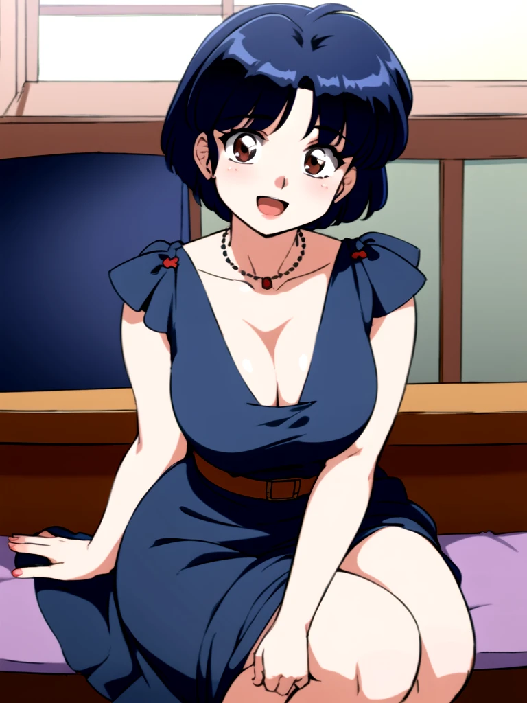 HDR, CG, sharp focus, (8k), (4k), masterpiece, best quality, detailed skin, extremely detailed, hiper detailed, sharp focus, looking at viewer, high quality, AKANE, Akane tendou, short hair, blue hair, brown eyes ,curtain pelvic DRESS, tetas grandes, bLush, solo, 1girl, sit on bar chair, hands on chest, heels, black dress, smile, open mouth,