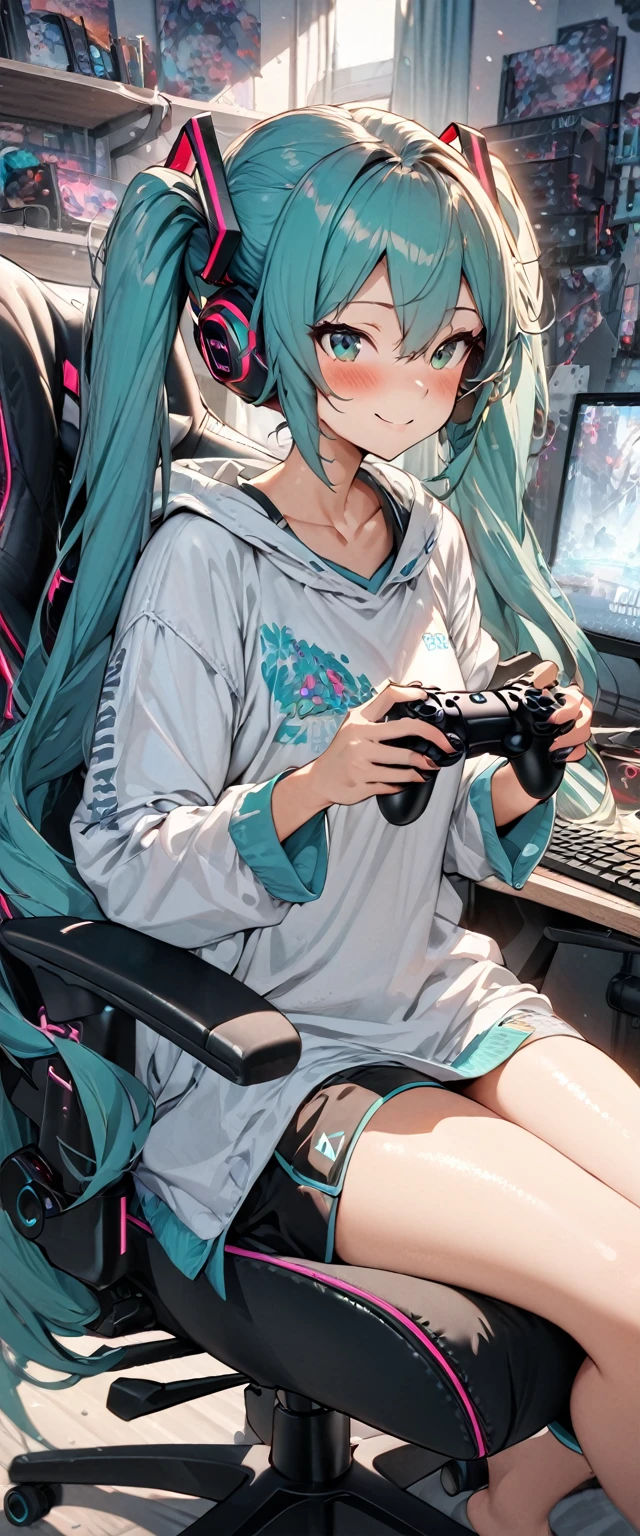 (masterpiece), (highest quality), (illustration), (super detailed), (high resolution), absurdity,1girl,solo,hatsune miku,gaming chair,computer keyboard,desk,game controller,holding game controller,indoors,monitor,looking at screen,smile,blush,sitting