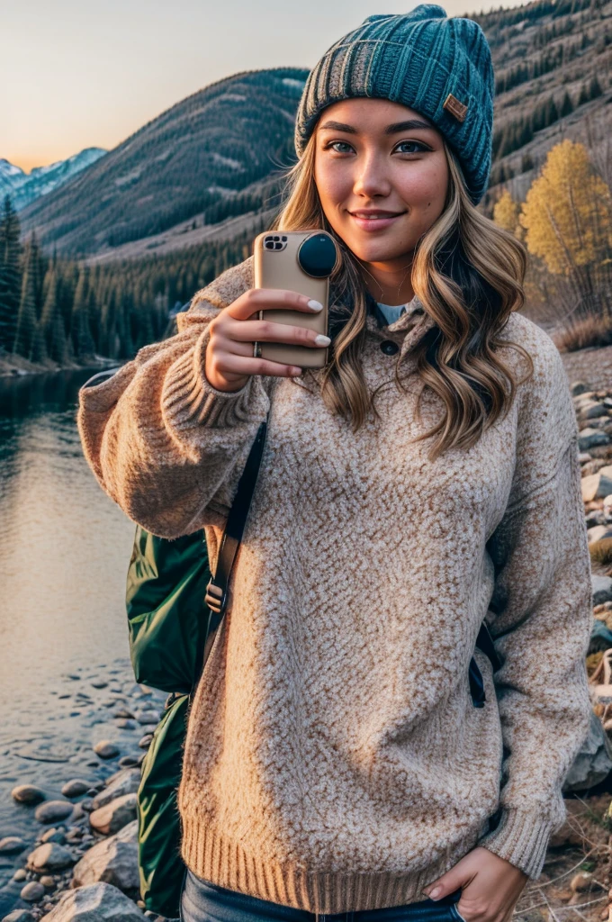 VeronicaCipher ((upper body selfie, happy)), masterpiece, best quality, ultra-detailed, solo, outdoors, (night), mountains, nature, (stars, moon) cheerful, happy, backpack, sleeping bag, camping stove, water bottle, mountain boots, gloves, sweater, hat, flashlight, forest, rocks, river, wood, smoke, shadows, contrast, clear sky, analog style (look at viewer:1.2) (skin texture) (film grain:1.3), (warm hue, warm tone) :1.2), close up, cinematic light, sidelighting, ultra high res, best shadow, RAW, upper body,  , wearing pullover
kodak vision 3,