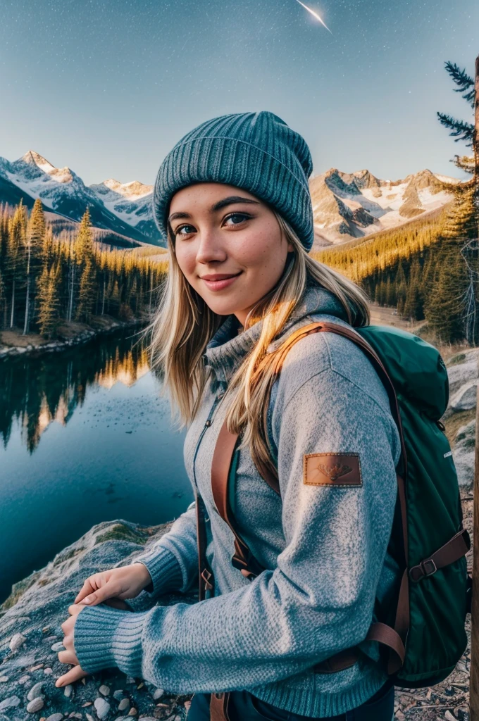 VeronicaCipher ((upper body selfie, happy)), masterpiece, best quality, ultra-detailed, solo, outdoors, (night), mountains, nature, (stars, moon) cheerful, happy, backpack, sleeping bag, camping stove, water bottle, mountain boots, gloves, sweater, hat, flashlight, forest, rocks, river, wood, smoke, shadows, contrast, clear sky, analog style (look at viewer:1.2) (skin texture) (film grain:1.3), (warm hue, warm tone) :1.2), close up, cinematic light, sidelighting, ultra high res, best shadow, RAW, upper body,  , wearing pullover
kodak vision 3,