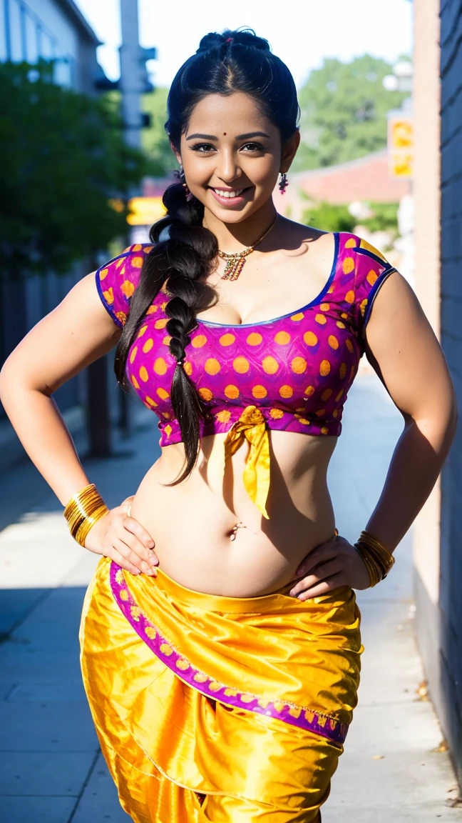 HD wallpaper 32k cinematic shoot of a Beautiful cute girl, with thick thighs and a curvy waist, twin braids,  wearing an Indian blouse top, horny, seductively, in a school corridor, dotted blouse top, smiling, ((long curvy waist)), ((lowwaist)), ((curvy waist))