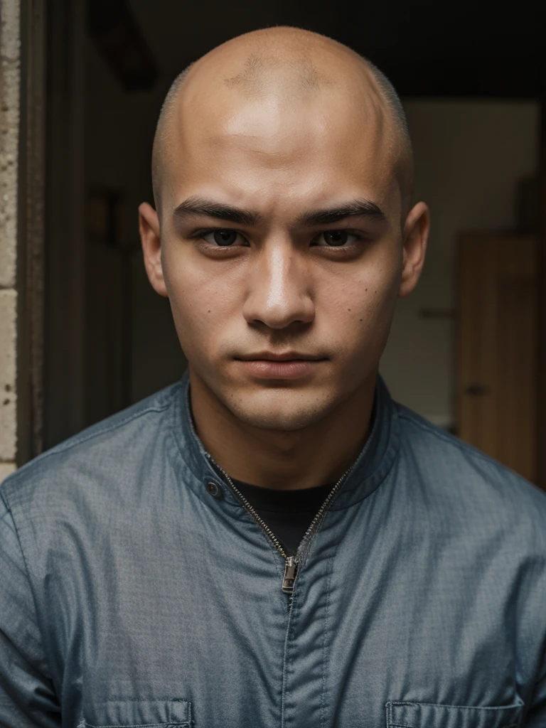 A strong 18 years old man, bald head. Hunter look, black eyes, armenian,  
,Best Quality, High Quality