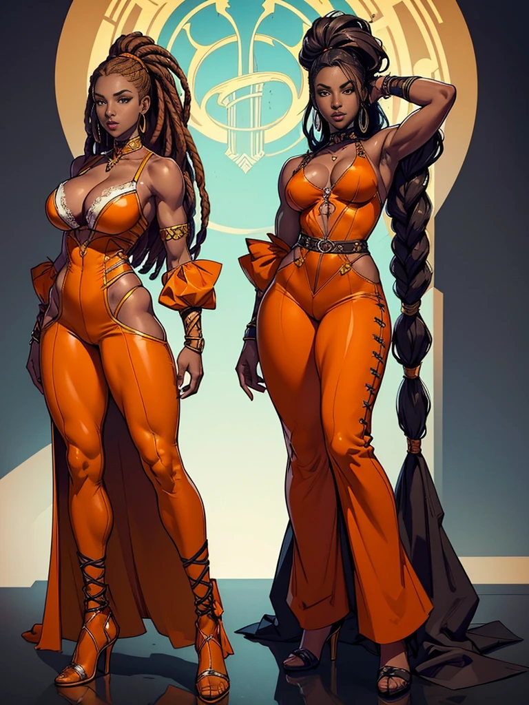 ((best quality)), ((4k)), ((highres)), ((masterpiece:1.2)). ((detailed)), ((ultra realistic)), ((intricate details)), ((full body picture)), ((character design sheet)), a full body picture of a beautifull Ebony skinned female, black woman, dark skin, ebony princess, ebony model, perfect face, detailed eyes, detailed lips, posing with her arms above her head, ((arms above her head)), about 25 years old, about 5'7 ft. tall, long thin dreadlocks down to her hips, ((emphasis on her long thin dreadlocks down to her hips)), pretty, feminine woman, toned body but not too muscular looking, hourglass figure, dressed in a skin-tight sleeveless full body orange jumpsuit, ((emphasis on the skin-tight sleeveless full body orange jumpsuit)), showing cleavage, glamorous, strappy lace up high, fighting game character concept art, tekken character design, the king of fighters character concept, full bofy, full body concept art, full body art