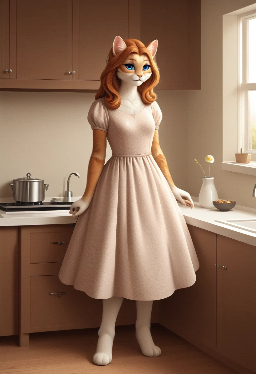 Inside the charming cottage, Captain Oliver's wife, a beautiful ginger cat named Amelia, stood in the kitchen. Amelia, also standing like a human being, wore a lovely floral dress that complemented her soft, fluffy fur. Her gentle eyes sparkled with warmth as she prepared breakfast for the family. (good quality:1.2), (Ultradetailed:1.2), (ultradetailed face:1.2), (ultradetailed body:1.2)