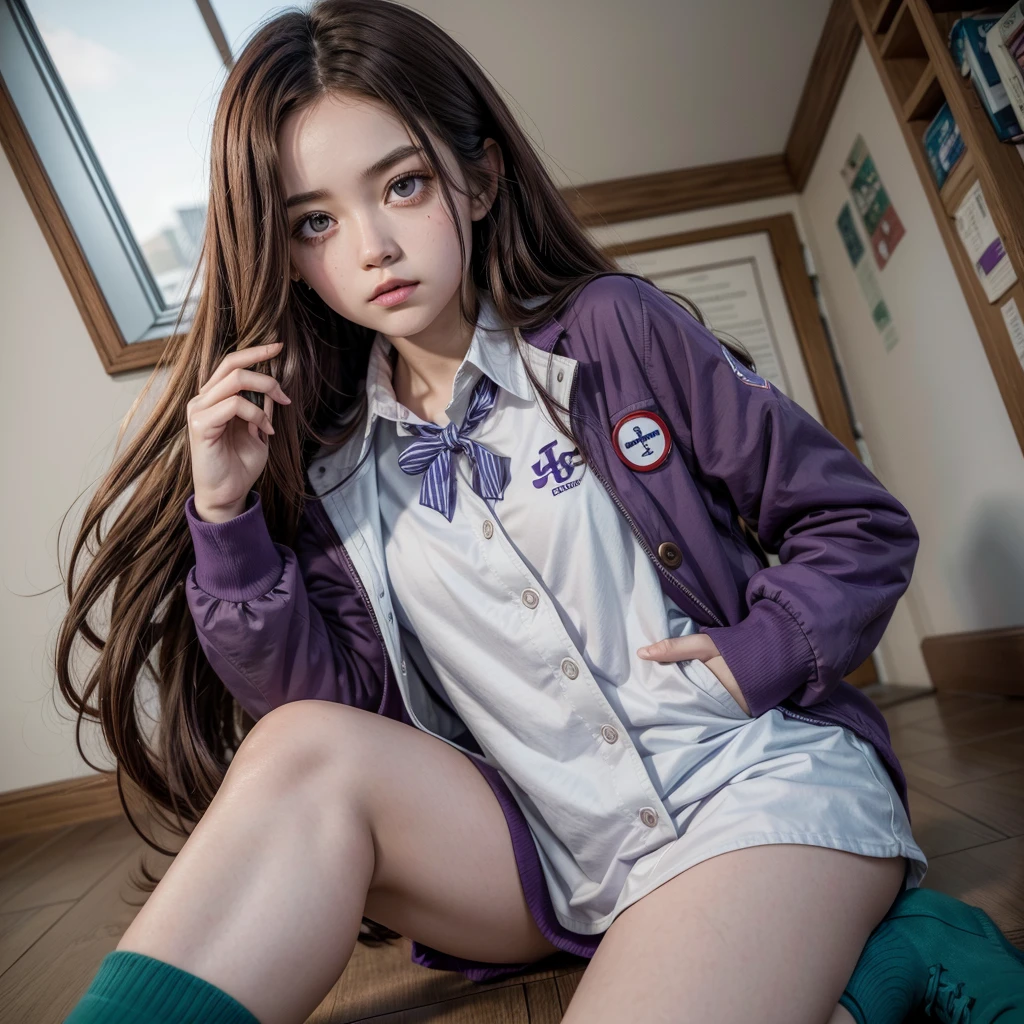 My hero academia girl with long brown hair with the other half purple, one eye purple and the other red, with a neutral expression wearing the UA uniform white long-sleeved button-down shirt, a gray jacket with blue-green stripes and a red tie, white socks and brown sneakers