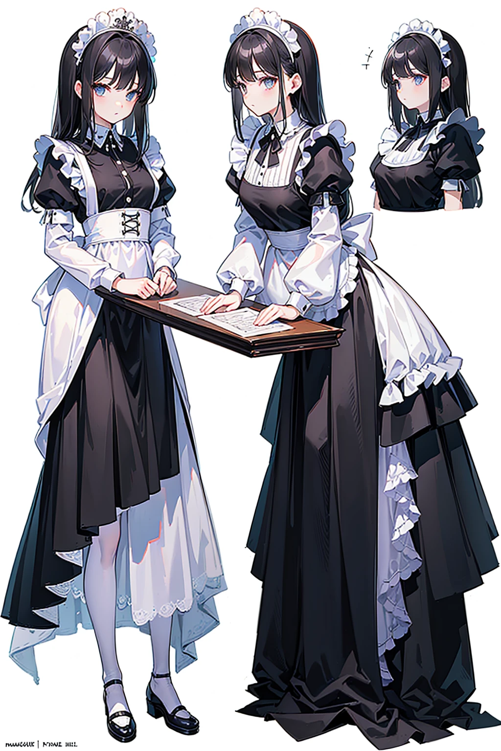 ((masterpiece)),(((Highest quality))),(Character design sheet,same characters,front,~ side,return), 1 girl, alone,Long black hair,(((White maid outfit))),Strong Leadership,,Retro art style,masterpiece,Highest quality,Highest quality,Super high , Concept Art, character Concept Art, Character sketch, Reference table, Character Table, ( returnground, white returnground: 1.3)
