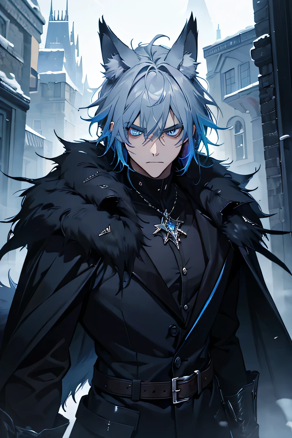 (absurderes, high resolution, ultra detaild), 1 anthropomorphic wolf, grown-up, bluish gray fur, pointy ears, medium and fluffy tail, blue colored eyes, serious look, fancy, natta, dark theme, cinematic lighting, colorfully, cloudy sky, black forest, dark theme, natta, dark evening, dark lighting, angry expression, defined body, brawny, black claws.