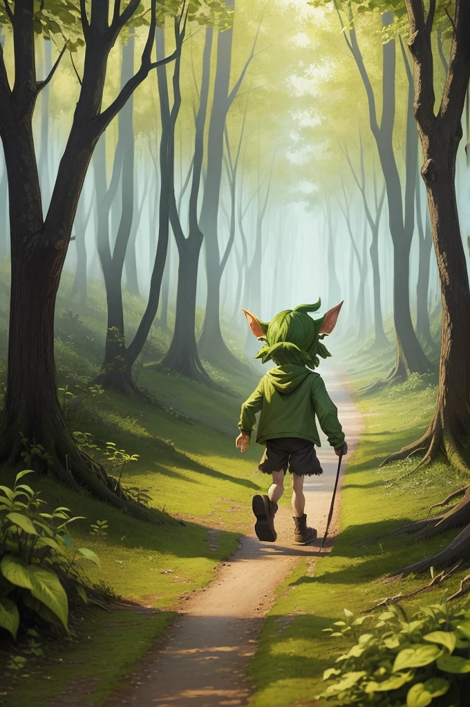 A cartoon goblin is walking through a forest