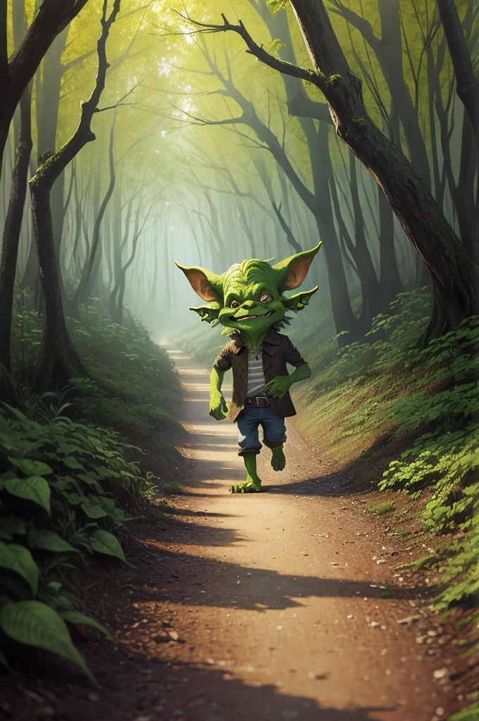 A cartoon goblin is walking through a forest