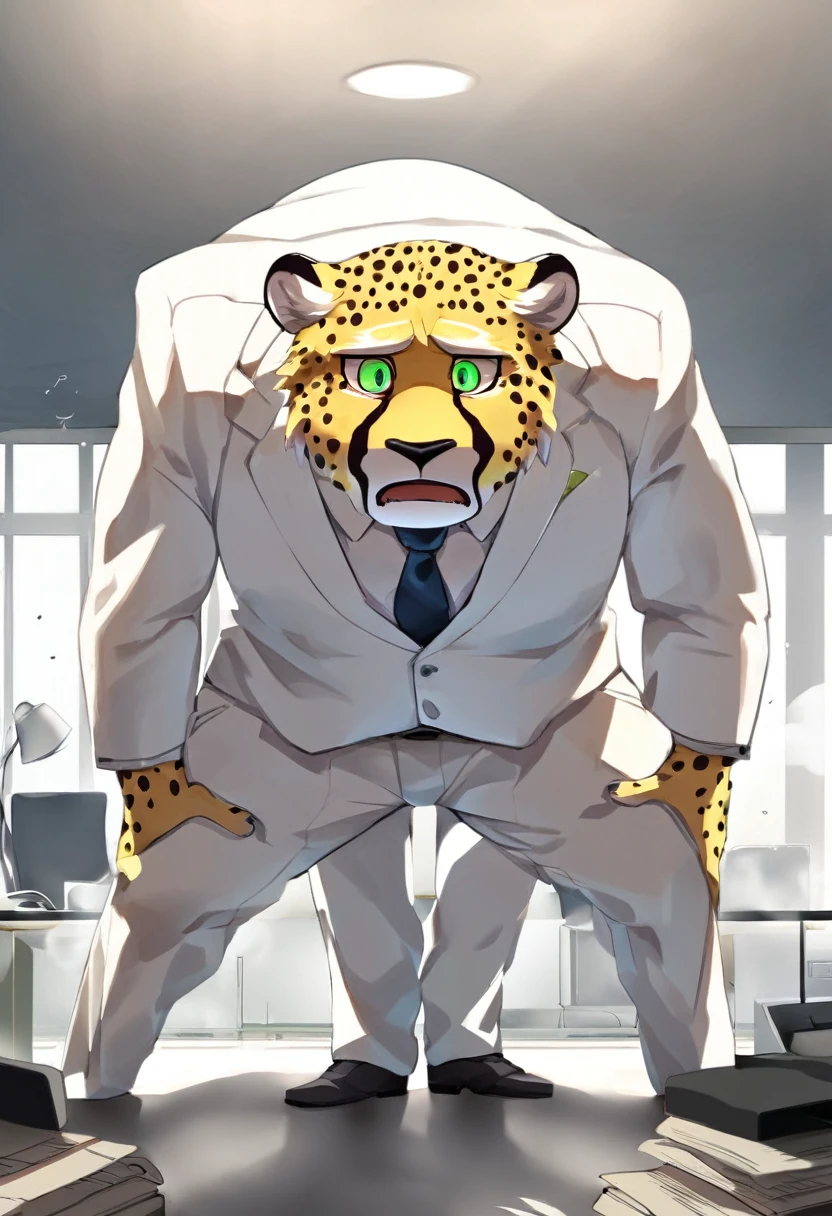 Cheetah，personification，Mature male，uncle，Scared expression，Powerful body，Green pupils，White eyebrows，White suit suit，Hands in pockets，The Age of Steam，office。