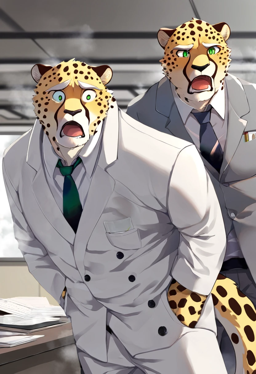 Cheetah，personification，Mature male，uncle，Scared expression，Powerful body，Green pupils，White eyebrows，White suit suit，Hands in pockets，The Age of Steam，office。