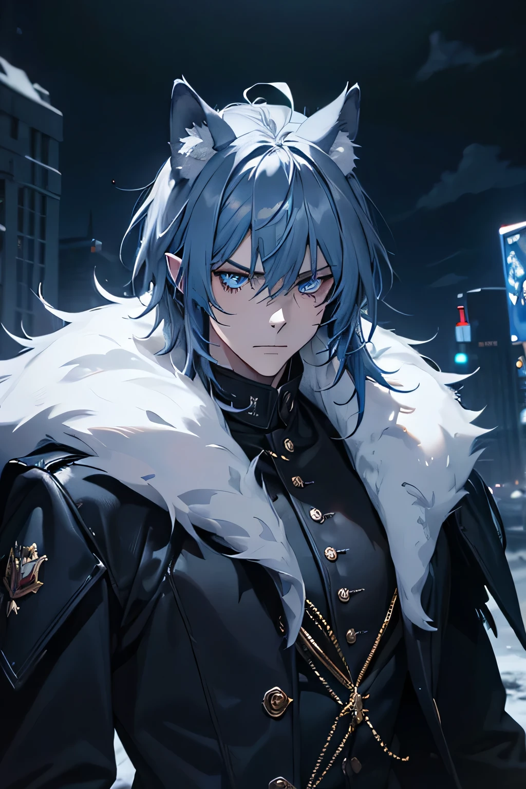 (absurderes, high resolution, ultra detaild), 1 anthropomorphic wolf, grown-up, bluish gray fur, pointy ears, medium and fluffy tail, blue colored eyes, serious look, fancy, natta, dark theme, cinematic lighting, colorfully, cloudy sky, black forest, dark theme, natta, dark evening, dark lighting, angry expression, defined body, brawny, black claws.