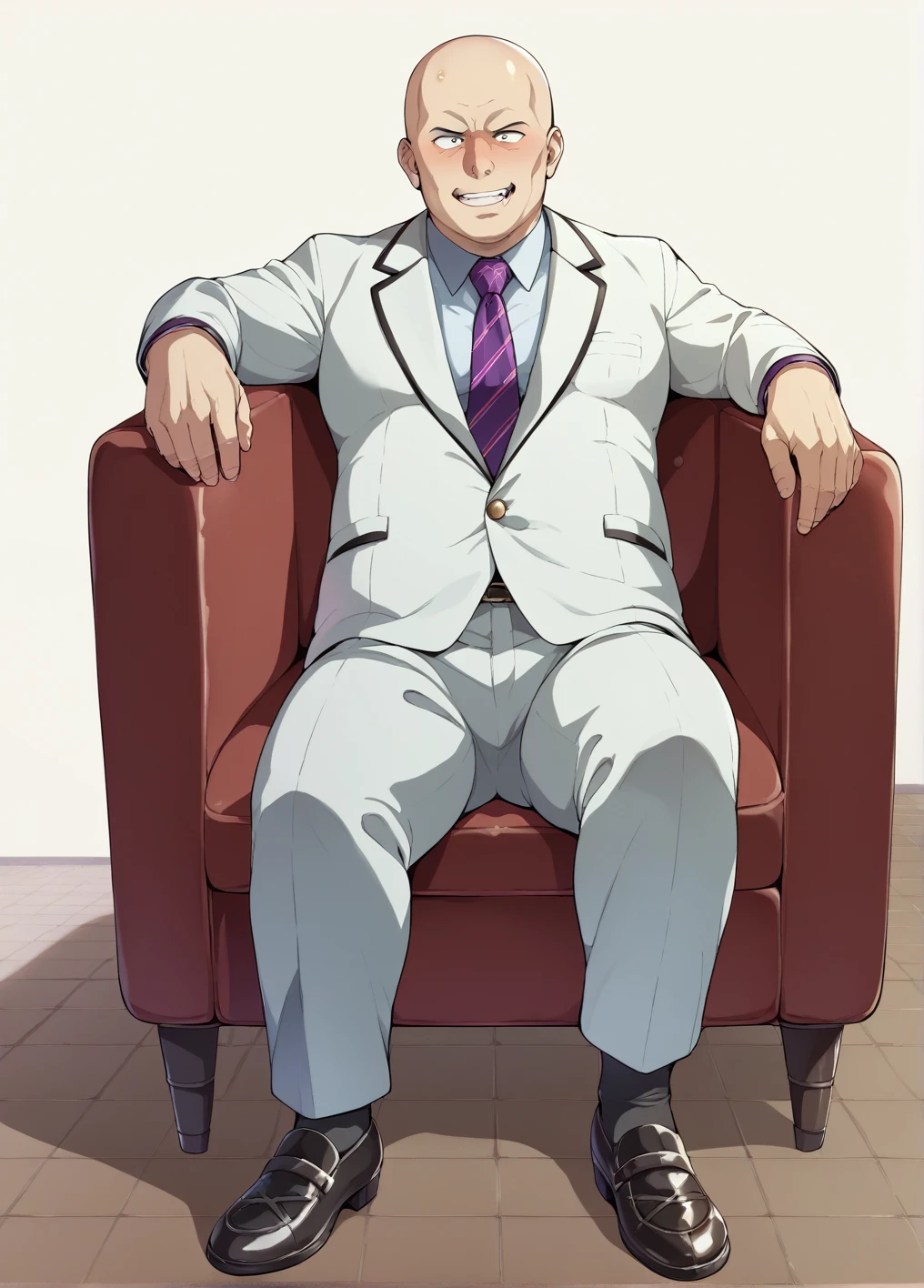 Ultra-detailed illustrations、Ultra-precise expression、masterpiece、Highest quality、ultra High resolution、High resolution、Hiromitsu Takeda Style、White background、Simple Background、sit、whole body、White Suit、Black socks、One fat old man、Bald Head、No Face、solo、Vulgar expression、Leather shoes、Luxurious sofa、Bulging crotch、