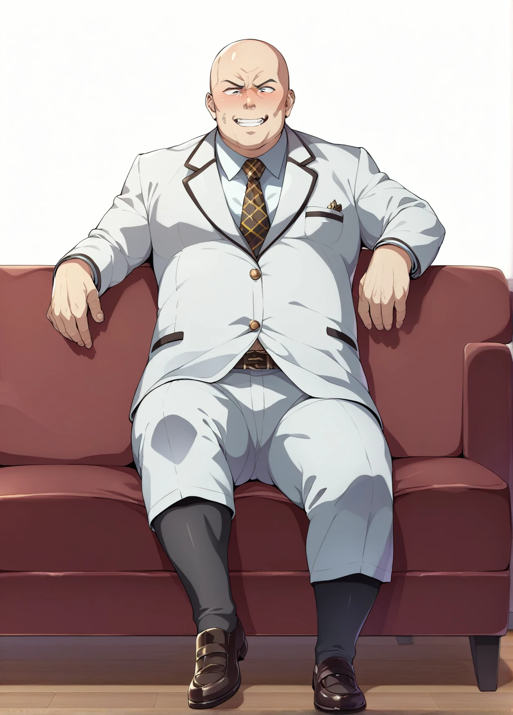 Ultra-detailed illustrations、Ultra-precise expression、masterpiece、Highest quality、ultra High resolution、High resolution、Hiromitsu Takeda Style、White background、Simple Background、sit、whole body、White Suit、Black socks、One fat old man、Bald Head、No Face、solo、Vulgar expression、Leather shoes、Luxurious sofa、Bulging ??????、