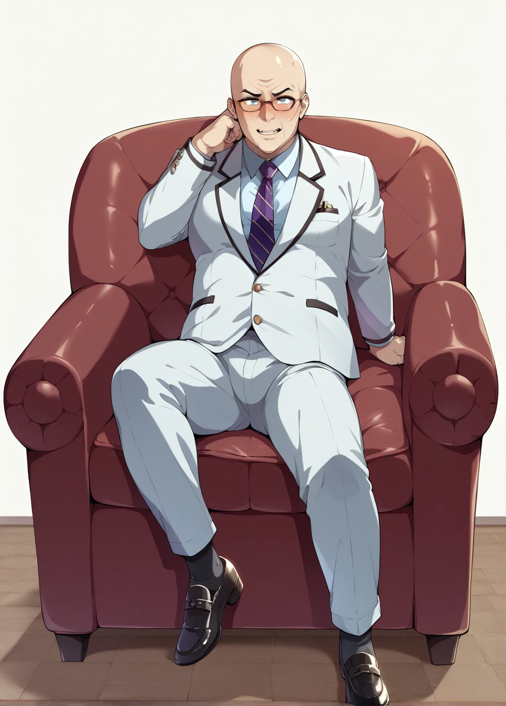 Ultra-detailed illustrations、Ultra-precise expression、masterpiece、Highest quality、ultra High resolution、High resolution、Hiromitsu Takeda Style、White background、Simple Background、sit、whole body、White Suit、Black socks、One fat old man、Bald Head、No Face、solo、Vulgar expression、Leather shoes、Luxurious sofa、Bulging crotch、