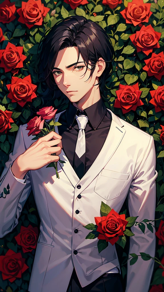 A handsome black-haired man surrounded by roses