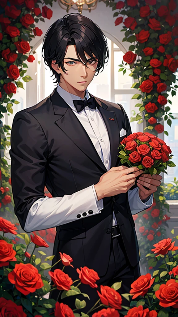 A handsome black-haired man surrounded by roses