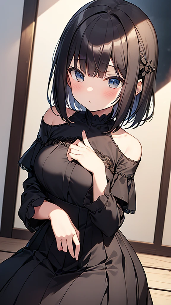 ((masterpiece)), (Highest quality), (Simple style), Swinging Big , Wearing a face stolen from someone else, No sleeve, Off the shoulder, Black Dress, Pleated lace, Lace dress. A girl with no face sits, whole body, Luxurious Room, NSFW