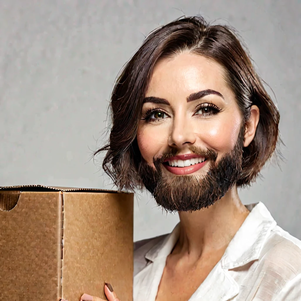 bearded woman short hair holding a box of minoxidil kirkland