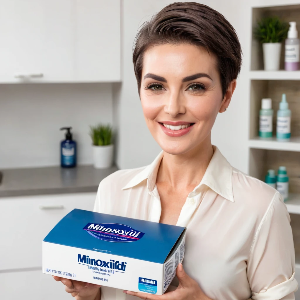 bearded woman short hair holding a box of minoxidil kirkland