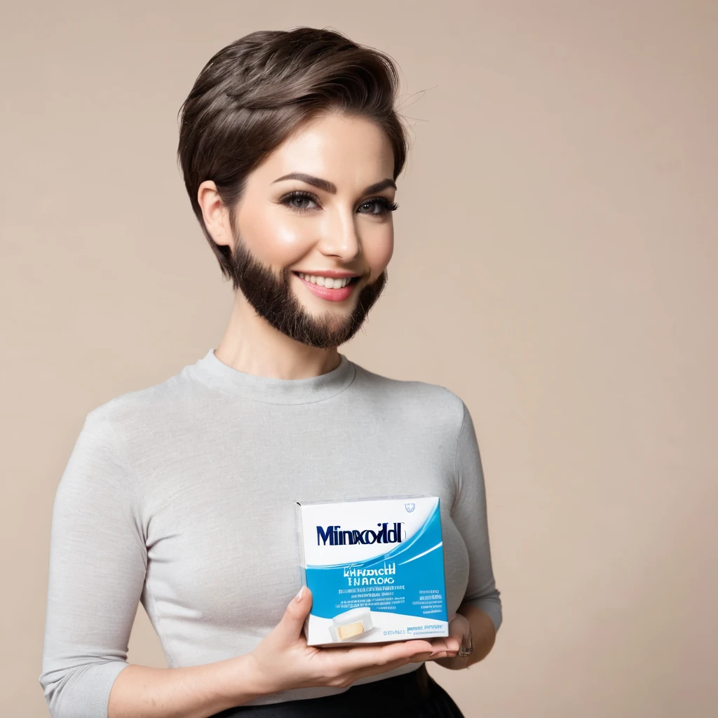 bearded woman short hair holding a box of minoxidil kirkland