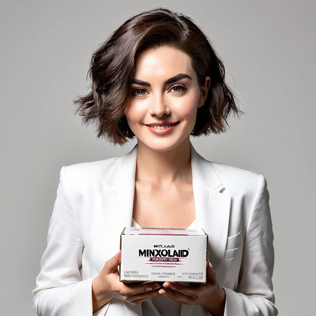 bearded woman short hair holding a box of minoxidil kirkland