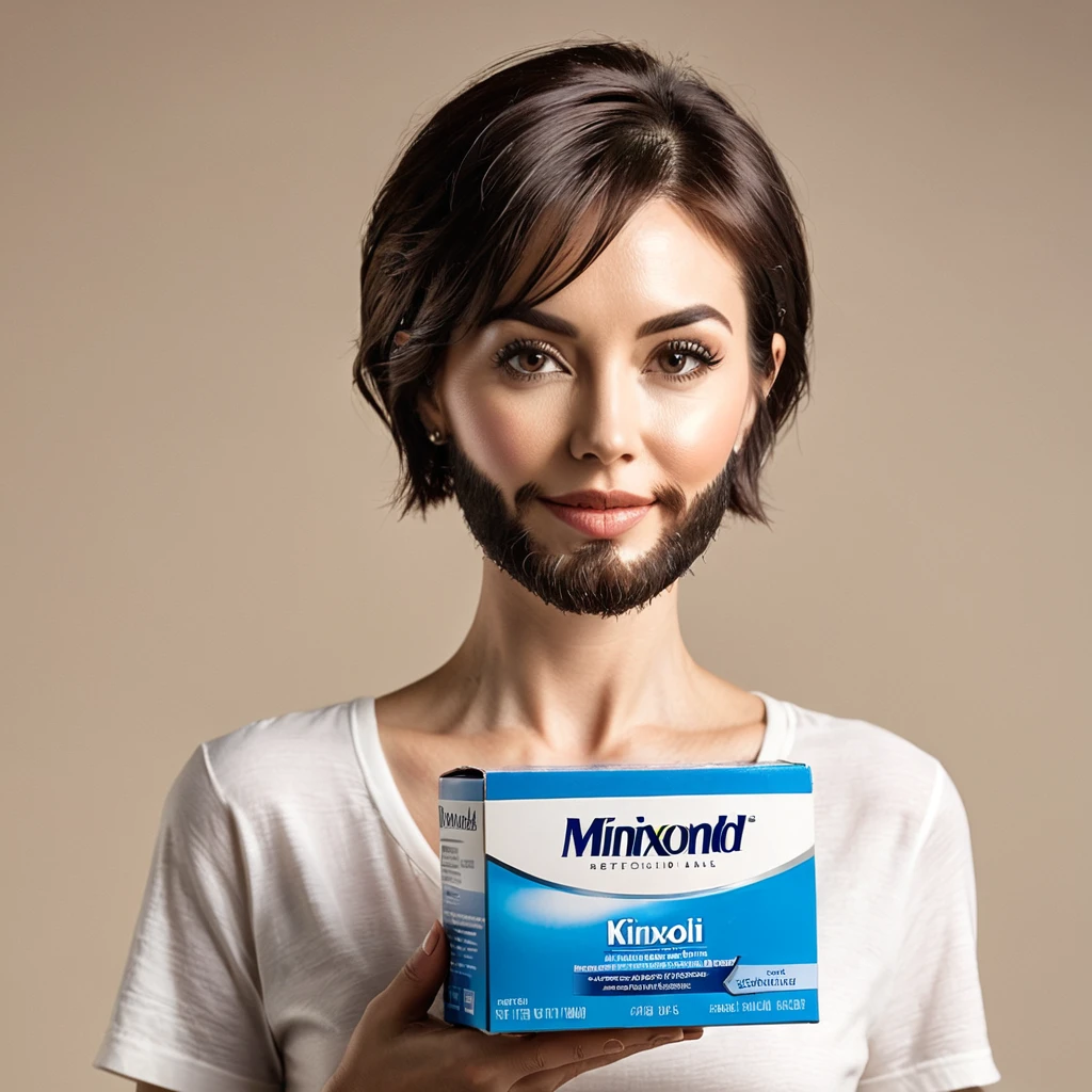 bearded woman short hair holding a box of minoxidil kirkland