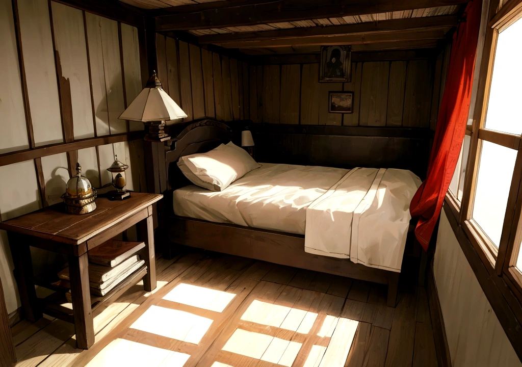 a small hut, an old bed with a red blanket and a white pillow, a table against the wall, an open book on the table, a lamp illuminates the room, a pen in an inkwell