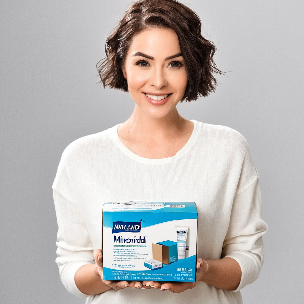 bearded woman short hair holding a box of minoxidil kirkland