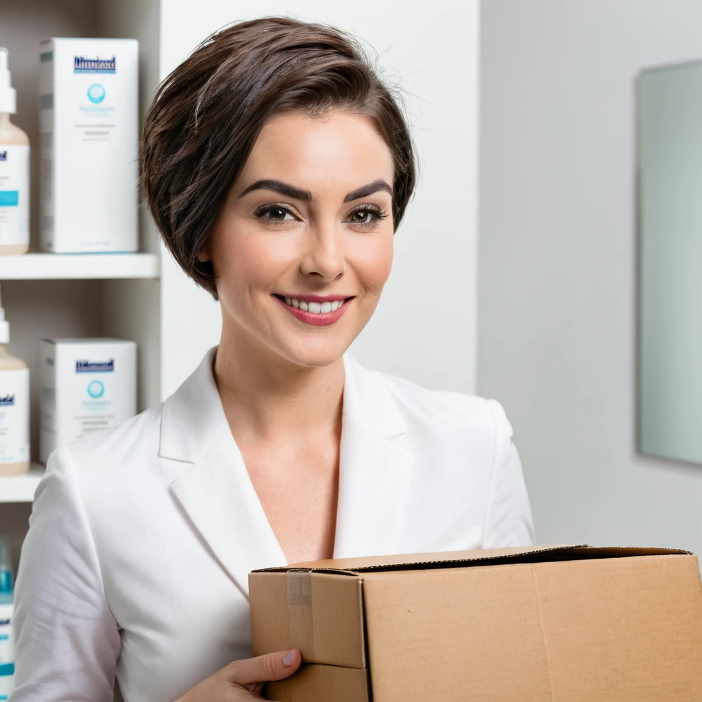 bearded woman short hair holding a box of minoxidil kirkland