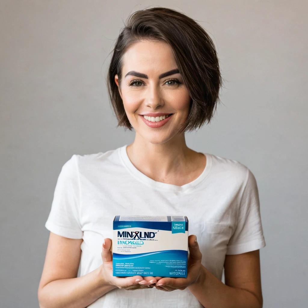 bearded woman short hair holding a box of minoxidil kirkland